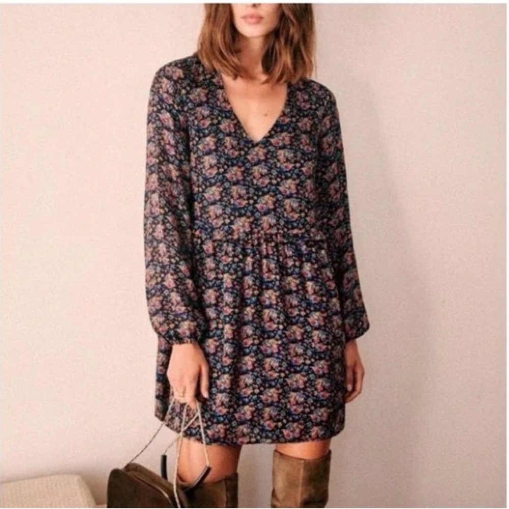 Sézane Penelope Silk Floral Mini Dress in Ochre V-Neck LS Cottagecore French XS